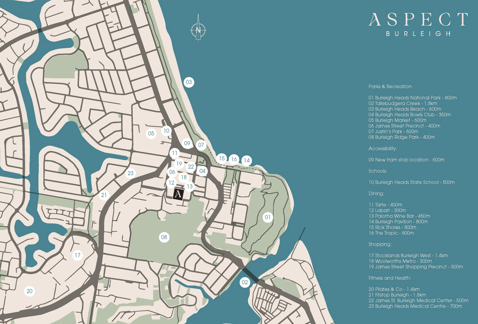 Aspect Burleigh neighbourhood map with numbered points of interest across parks, dining, shopping, schools and health