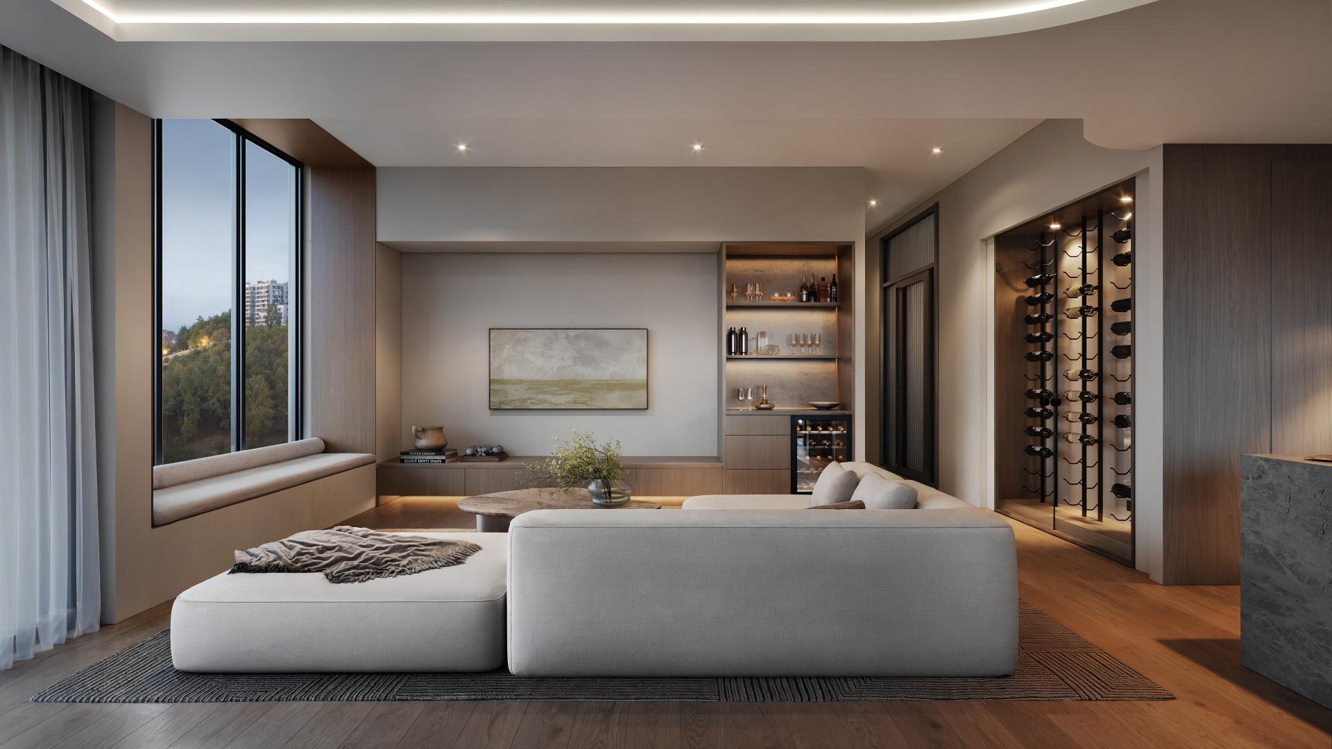 Living room and wine cellar at dusk