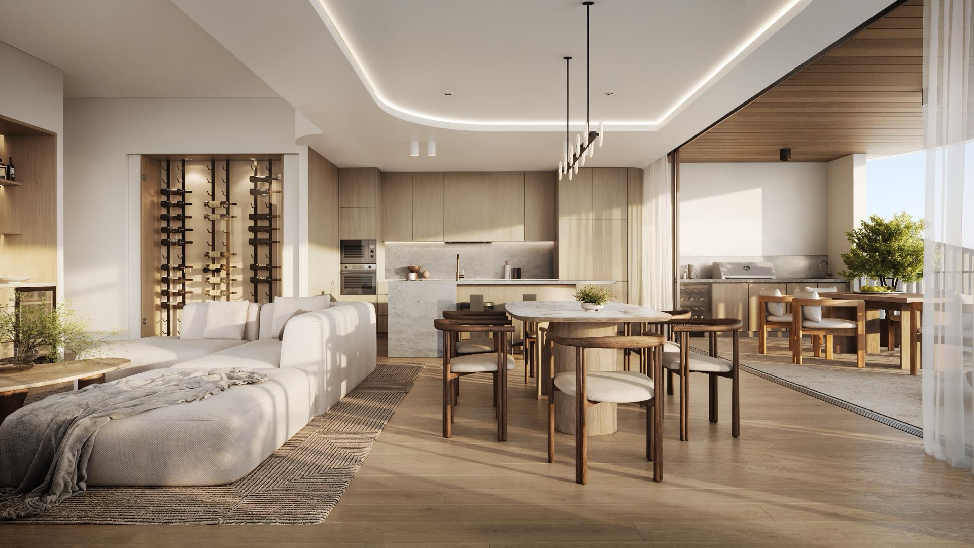 Open plan living, dining and kitchen
